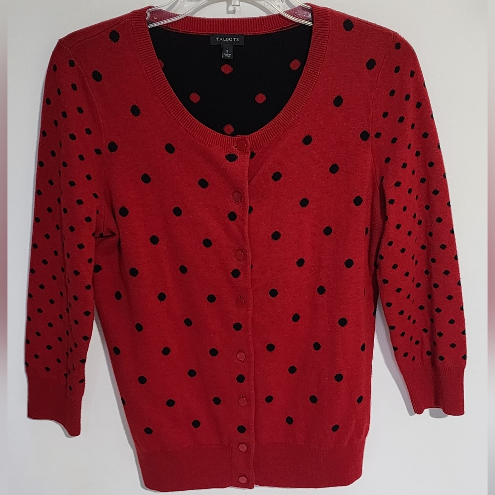 TALBOT'S RED CARDIGAN WITH BLACK POLKA DOTS SIZE S LIKE NEW